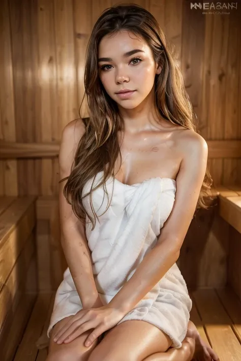 (high quality, realistic:1.2), portrait, beautiful flowing hair, beautiful Hailee Steinfeld, inside_sauna, wearing towel, (kneeling:1.3), hot, (sweaty:1.2), steamy, detailed eyes, luscious lips, sensual gaze, luxurious texture, shimmering highlights, soft ...