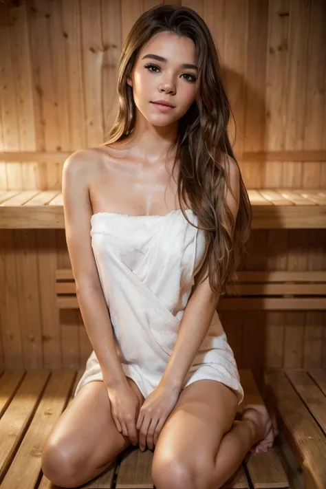 (high quality, realistic:1.2), portrait, beautiful flowing hair, beautiful hailee steinfeld, inside_sauna, wearing towel, (kneel...