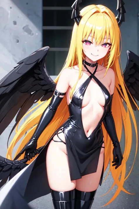 (masterpiece:1.6, best quality), (finely detailed beautiful eyes: 1.2), phyami, yamidarkness, 1girl, 独奏, blonde hair, wings, long hair, horns, red eyes, black wings, bare shoulders, hair intakes, collarbone, choker, demon horns, halterneck, feathered wings...