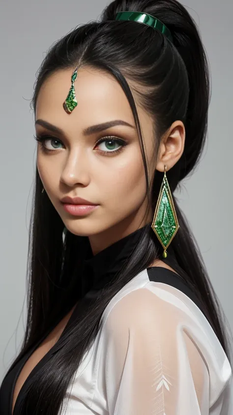 diamond face shape, green eyes, eyes egyptian, big lips, lips natural colored, beautiful, long hair, black hair, hair in a ponyt...