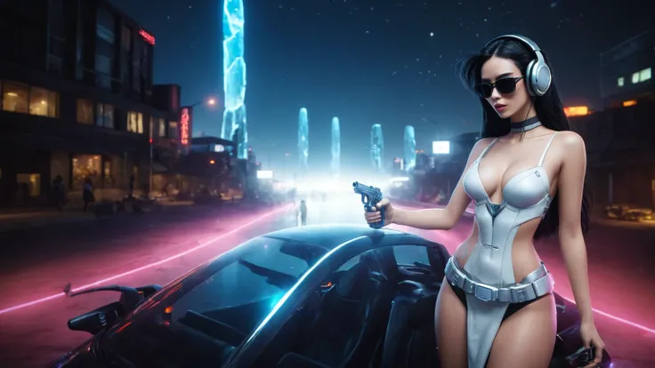 At night, dark sky, distant shot aerial view of fantasy cyberpunk style ice ((Moai-statue)) city, ((flying car)). ((1girl, solo, alone)), medium-breast:1.1 slim body, cleavage, sexy clothes, (headphone, black sunglasses, long black realistic hair), (((hip-...