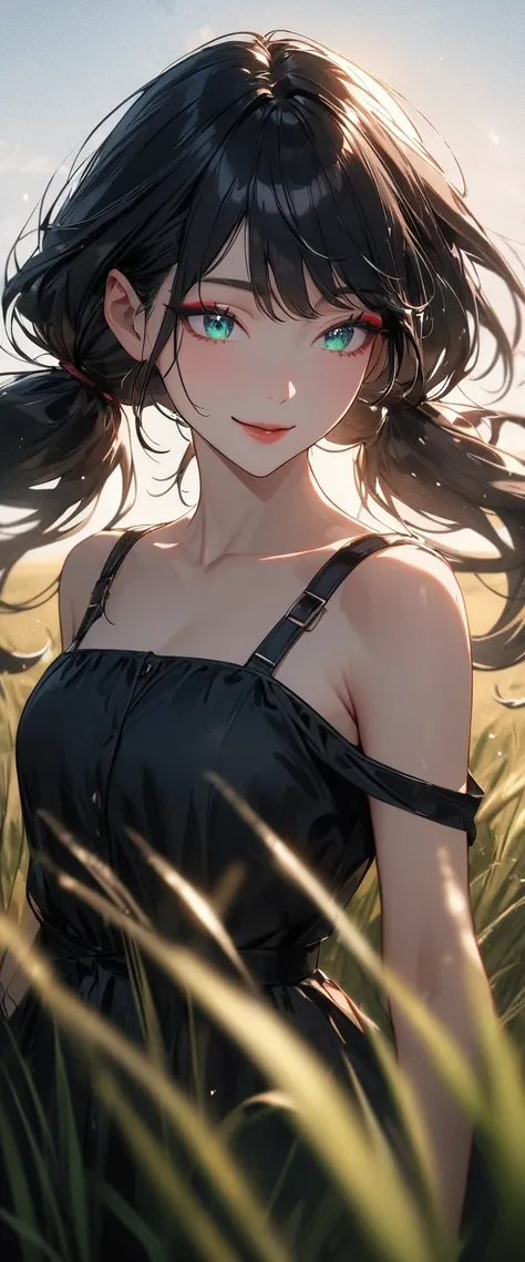 Photo of a woman with natural skin, grassland, Upper Body, Smiling, High Twintails, Black hair with red mesh, Sharp eyes with red eyeshadow, Blue-green eyes, Shining eyes, A thin, upturned nose, Well-shaped lips, ((Black off-the-shoulder dress, Thin should...