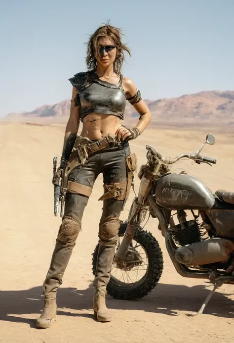 A pretty girl wearing survivor armor and pants on desert with apocalyptic melee weapon and motorcycle from the Mad Max movie, survivors base camp at the background
