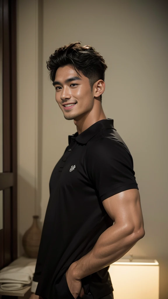 Thai man, short hairstyle, buzz cut, handsome, muscular, big muscles, broad shoulders, model wearing a black polo shirt, standing and smiling.