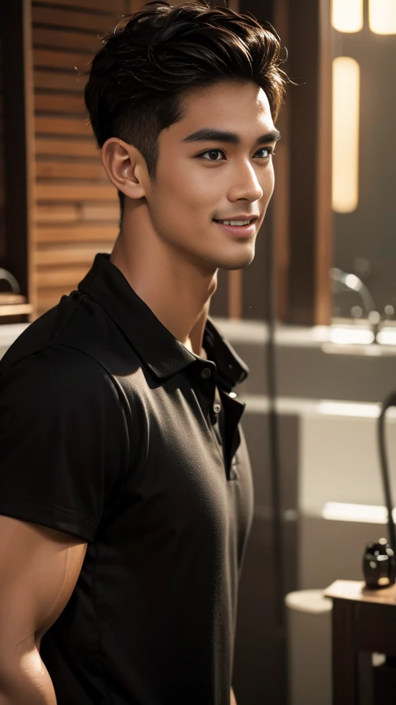 Thai man, short hairstyle, buzz cut, handsome, muscular, big muscles, broad shoulders, model wearing a black polo shirt, standing and smiling.