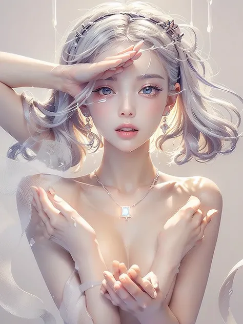 White Background、Professional Lighting、(((Professional Lighting 1.5)))、Translucent skin texture、Beautiful Skin、Beautiful Skin、、(((Whitening 1.5)))、、、音符のEcstasy、((Nude 1.5))、、Mid-shot photo、Simple earrings and necklace、((white hair))、Tie your hair up、sex ap...