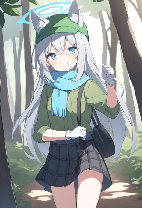 girl，Silver long hair, blue eyes, Wearing green mountaineering clothes,A sky blue scarf, White gloves, And black plaid skirt, Walking in the forest，Smile, blue halo，Green cap，Put on your hat，Gray wolf ears，Carrying a black shoulder bag