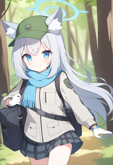 girl，Silver long hair, blue eyes, Wearing green mountaineering clothes,A sky blue scarf, White gloves, And black plaid skirt, Walking in the forest，Smile, blue halo，Green cap，Put on your hat，Gray wolf ears，Carrying a black shoulder bag