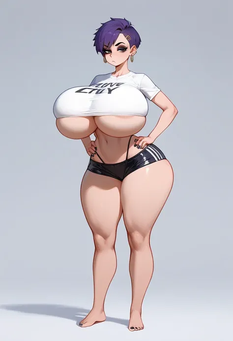 pale woman, short pixie purple hair, some hair on the back of her head, big earring, half lidded eyes, dark black eyeshadow, very massive and huge breasts, hyper breasts, very busty, small waist, wearing a very skin-tight white t-shirt that covers her wais...