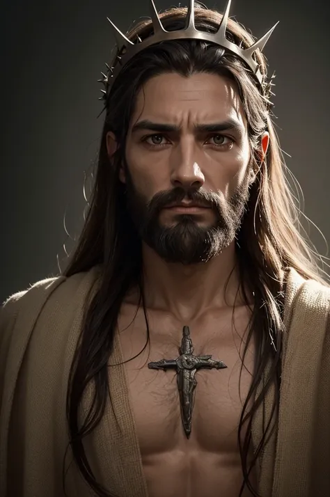 Develop an extremely realistic digital representation of Jesus Christ looking directly at the viewer, with a meticulously detailed crown of thorns on his head. The image must capture the serene and at the same time suffering expression of Jesus, highlighti...