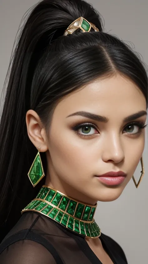 Diamond face shape, green eyes, eyes Egyptian, big lips, lips natural colored, beautiful, long hair, black hair, hair in a ponytail, green rhombus stone in the forehead, thin earrings 