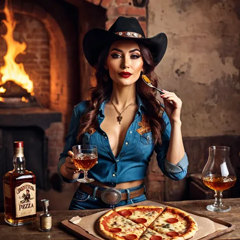 
cowboy bearded woman with a glass of whiskey and a pizza