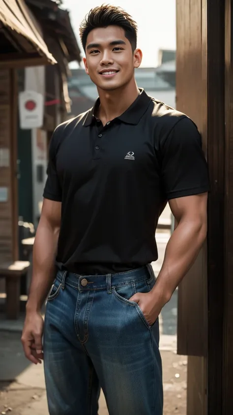 thai man, short hairstyle, buzz cut, handsome, muscular, big muscles, wide shoulders, male model wearing a black polo shirt and ...