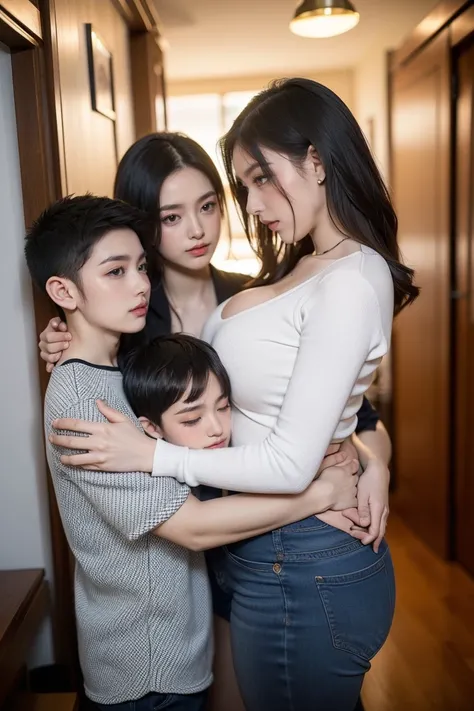 Big breast Mom with small 8 years old boy, ,(mother and son:1.7),(A 28-year-old woman and an 8-year-old boy:1.4)，( boy hugging woman hips from side)