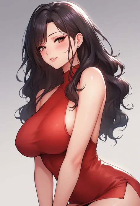 score_9, score_8_up, score_7_up, score_6_up, score_5_up, score_4_up, yu hee, brown eyes, black hair, long hair, large breasts, red short dress, bare shoulders,