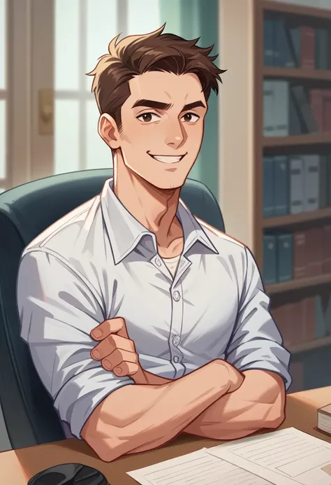 realistic photograph of a man in his office, crossed arms, brown hair, light smile, smile, high details, high quality, accurate, anatomically correct