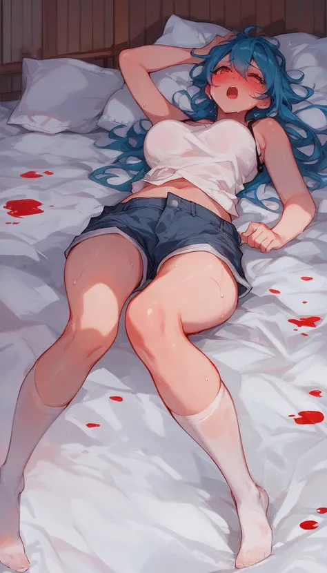 score_9,score_8_superior,score_7_superior,sauce_anime,Lying in bed,A woman in a cosplay costume was sitting on a bed with her hands on her head.。,Panic look,blushing and sweating,White Stockings,No shoes,sweating,Scary face,Scorching hot environment,Casual...