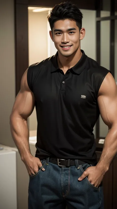 Thai man, short hairstyle, buzz cut, handsome, muscular, big muscles, wide shoulders, male model wearing a black polo shirt and jeans, standing and smiling.