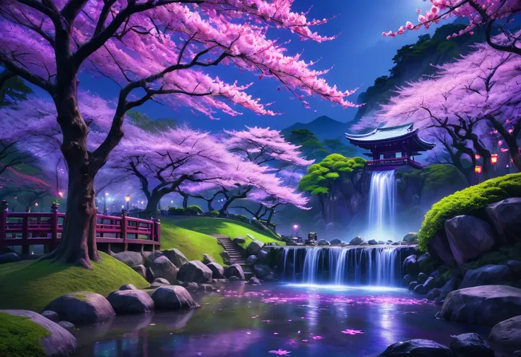 japanese park, mystical artistic, sakura falls, purple lighting, HDR, 4k resolution, (painting realistic : 1.3), (ultra high resolution: 1.0 ), (((best quality, 8 thousand, masterpiece:1.4))