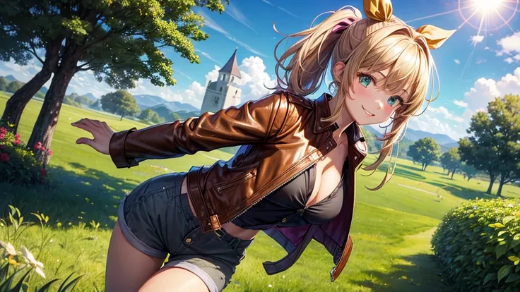 1girl, solo, full body, summer, village, trees, sun, clouds, ((colorful hair)), side ponytail, large breasts, ((brown leather jacket)), brown leather shorts, button down shirt, ((black shirt)), ((unbuttoned shirt)), unbuttoning buttons, cleavage 1:3 green ...