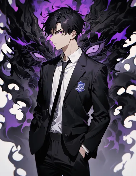 "1boy, 20 year old Boy with black hair ,dark purple eyes. Short black school unbuttoned blazer with school logo,white shirt,black tie with logo,black pants,and sneakers,dark aura , serious expression,hands in the pocket,black dragon spirit, portrait 1:2, v...