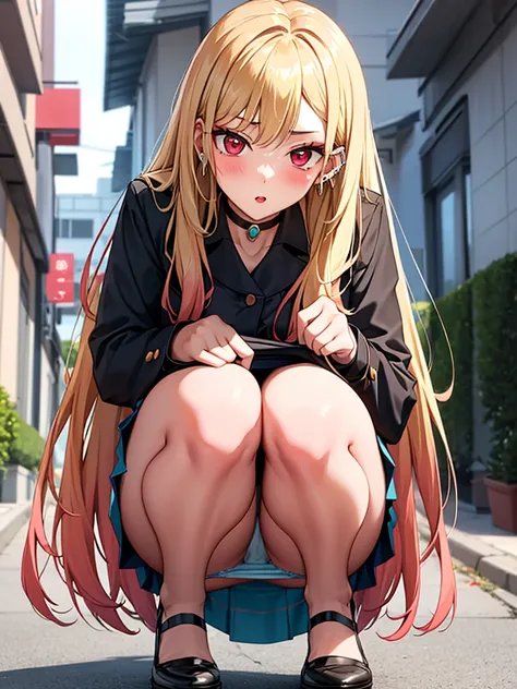 nurse, nurse, Kitagawa Marine, 1girl, blonde hair, long hair, multicolored hair, red eyes, jewelry, earrings, piercing, black choker, skirt lift, panty shot, Squatting, blush, lure, Alley