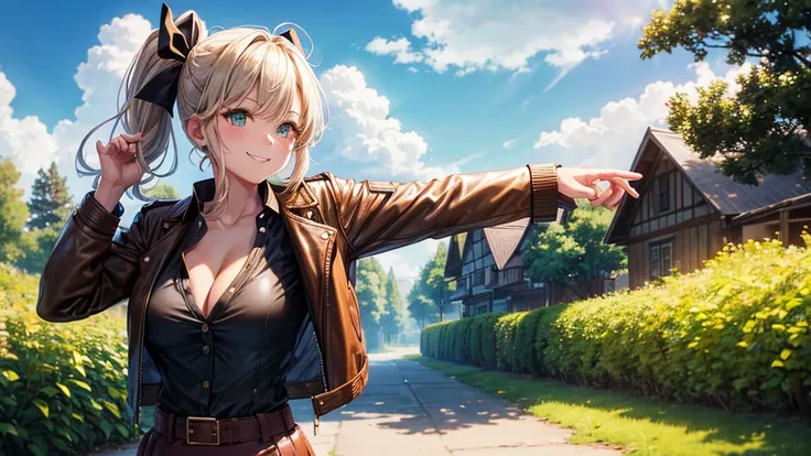 1girl, solo, full body, summer, village, trees, sun, clouds, ((colorful hair)), side ponytail, large breasts, ((brown leather jacket)), button down shirt, ((black shirt)), ((unbuttoned shirt)), unbuttoning buttons, cleavage 1:3 green eyes, grey skirt, smil...