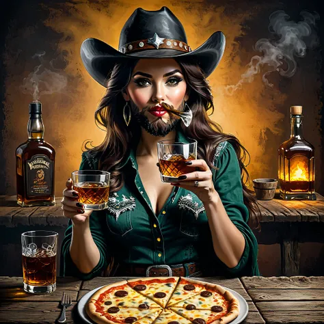 
cowboy bearded woman with a glass of whiskey and a pizza