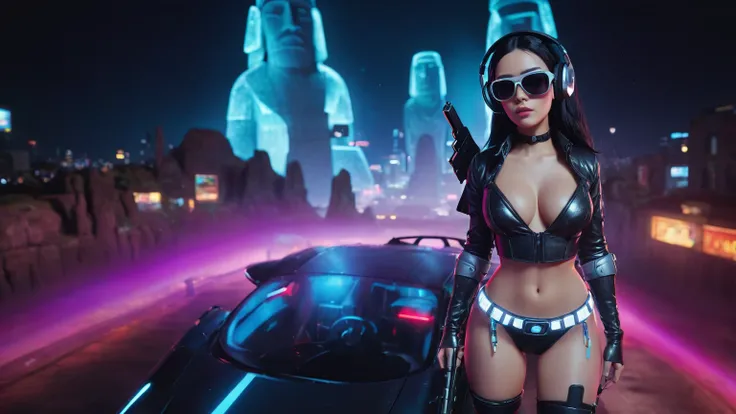 At night, dark sky, distant shot aerial view of fantasy cyberpunk style ice ((Moai-statue)) city, ((flying car)). ((1girl, solo, alone)), medium-breast:1.1 slim body, cleavage, sexy clothes, (headphone, black sunglasses, long black realistic hair), (((hip-...