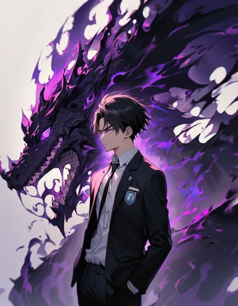 "1boy, 20 year old Boy with black hair ,dark purple eyes. Short black school unbuttoned blazer with school logo,white shirt,black tie with logo,black pants,and sneakers,dark aura , serious expression,hands in the pocket,black dragon spirit, portrait 1:2, v...