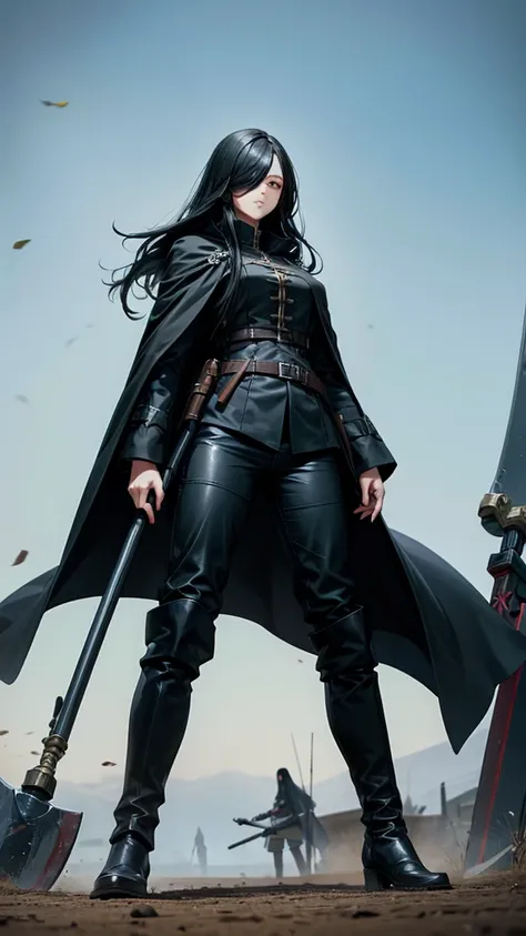 One-eyed adult woman with long black hair，Big black cloak，uniform，long pants，boots，giant axe，army battlefield