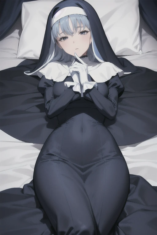 Mature women, nun, 1girl, solo, blue nun outfit, puffy sleeves, blue cape ,blue long skirt, white gloves, long deep black veil, vail cover her face,(look at viewer), vail covered face, (perfect skin),(no emotion ), anime, room, bedroom, sexy pose, lying do...