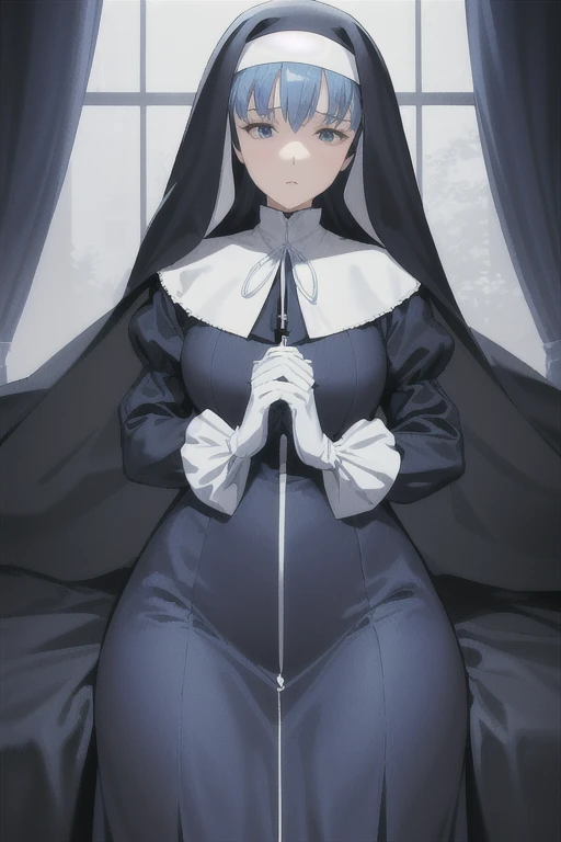 mature women, nun, 1girl, solo, blue nun outfit, puffy sleeves, blue cape ,blue long skirt, white gloves, long deep black veil, ...