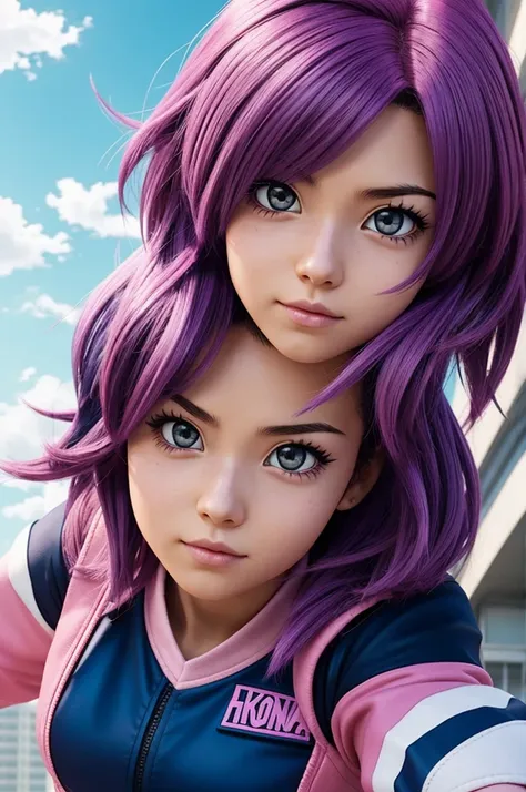 My hero academia is a girl, her name is Akira, she has medium purple and pink hair, she has. Celestial eyes