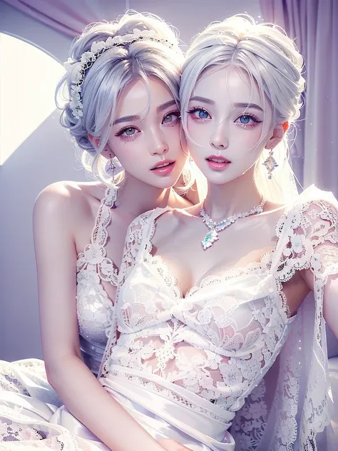 White Background、Professional Lighting、(((Professional Lighting 1.5)))、Translucent skin texture、Beautiful Skin、Beautiful Skin、、(((Whitening 1.5)))、、、音符のEcstasy、((White lace dress 1.5))、、Mid-shot photo、Simple earrings and necklace、((white hair))、Tie your ha...