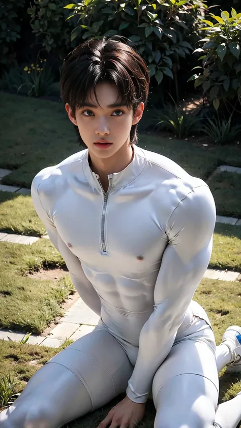 masterpiece,best quality,Look up at the characters，Front view，Stay away from the camera， (An 18-year-old boy with extraordinary development:1.2), （Tall and fit body），(Kneeling upright on the campus lawn),White tight cycling suit,（Broad shoulders）,Muscular ...