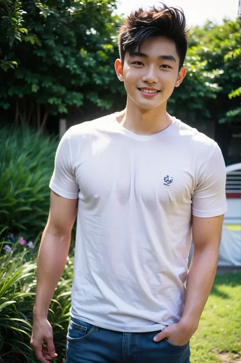 Young Korean man in a white t-shirt and jeans, A handsome, muscular young Asian man looks at the camera. In a simple black and red t-shirt. , Fieldside, grass, beach, sunlight, Carrying a camera, smiling