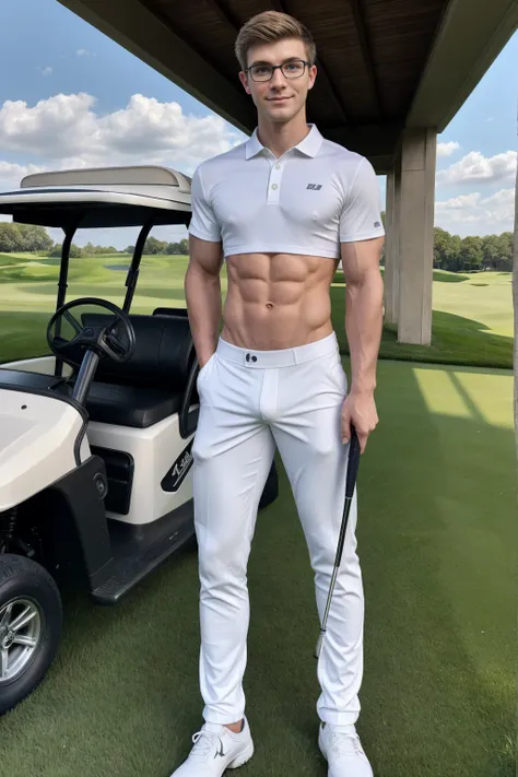 1boy, (Blue Eyes), happy smile,American boy,18 years old,Wear glasses,man hot nerd,young, thick body, slender, sport body build, child-like,White Teenage boy,Close-up photo,full body photo ,RAW Photo,fairway of a golf course, standing on the grass, golf ca...