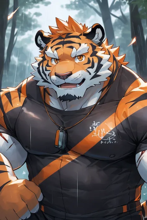 human nature, Wildlife, male,36 years old，Uncle， solitary, ((Round Face, The face is plump,Orange eyes,Thick orange hair，With scars)), ((Endomorph, Handsome，Hot Blood)), （Mecha suit，No electricity，exhaustion), ((domestic tiger, tiger，) Fluffy fur, Fluffy),...