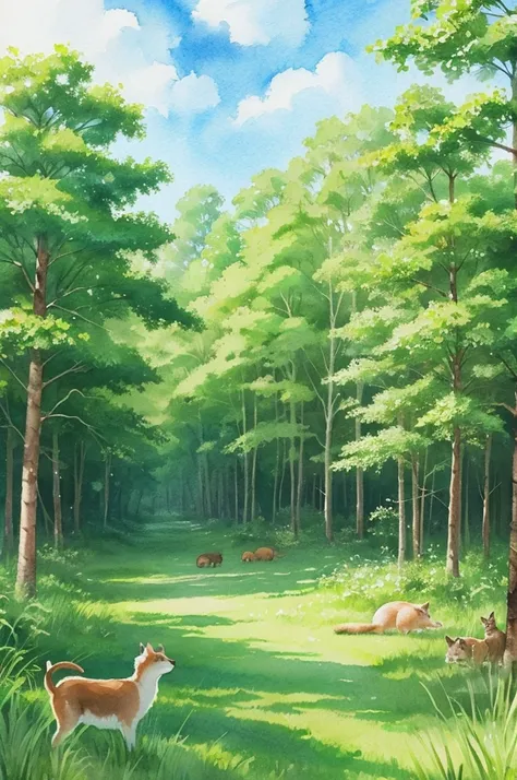 The whole forest is green　In the distance, small animals are snoozing in the shade of the trees.　A gentle illustration with a watercolor touch