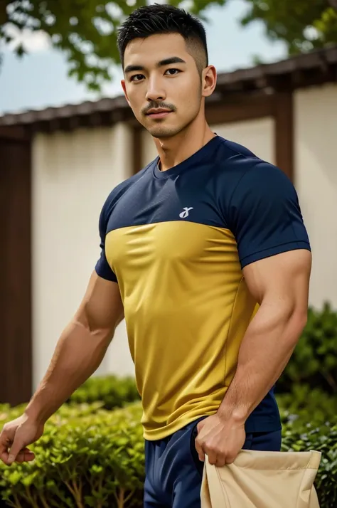 Masterpiece, best quality, high resolution, realistic, handsome, Take beautiful photos, Sayk, NRF, Photo of the 35 year old gym association (The man has a thin mustache.:1.1),Full body, Portrait, standing in the garden , make military media, weight, Amazin...