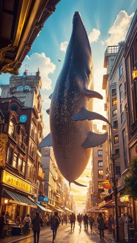 Create a whimsical and crowded scene set in a fantastical city with white and gold architecture. The city is bustling with various cute and unique characters, including humans and cartoon-like creatures. A large, friendly whale floats in the middle of the ...