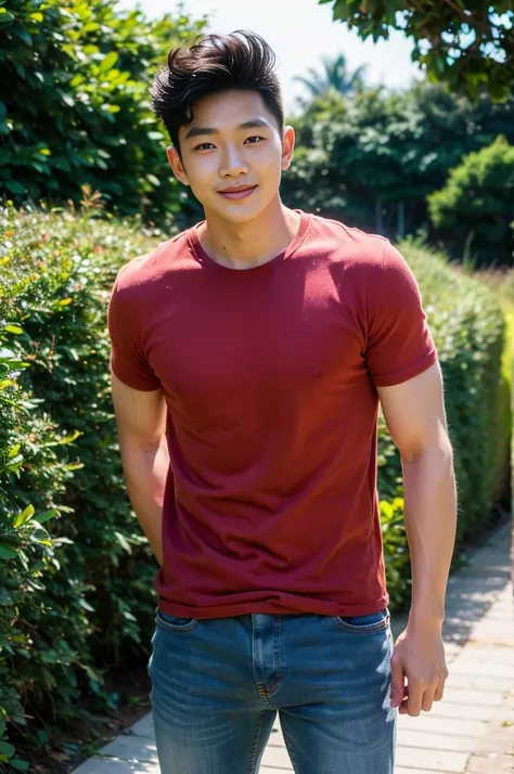 Young Korean man in a white t-shirt and jeans, A handsome, muscular young Asian man looks at the camera. In a simple black and red t-shirt. , Fieldside, grass, beach, sunlight, Carrying a camera, smiling