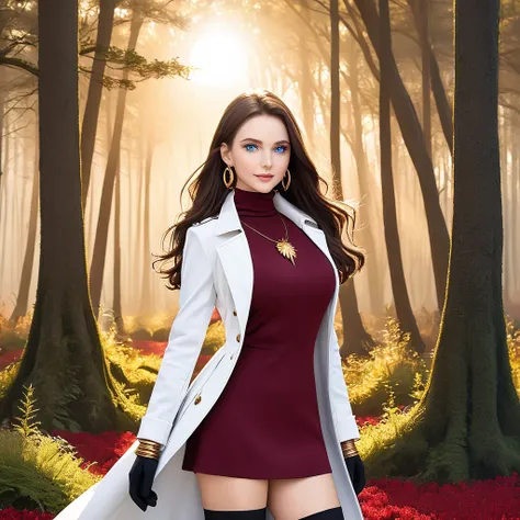 A Beautiful Woman with a beautiful frame, long, flowing dark brown hair, fair skin tone, and bright blue eyes. She is clad in a burgundy turtleneck dress, white coat, black gloves, black high-stocking, and red heeled boots. She have gold bands on her wrist...