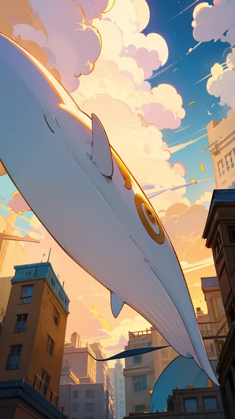 Create a whimsical and crowded scene set in a fantastical city with white and gold architecture. The city is bustling with various cute and unique characters, including humans and cartoon-like creatures. A large, friendly whale floats in the middle of the ...