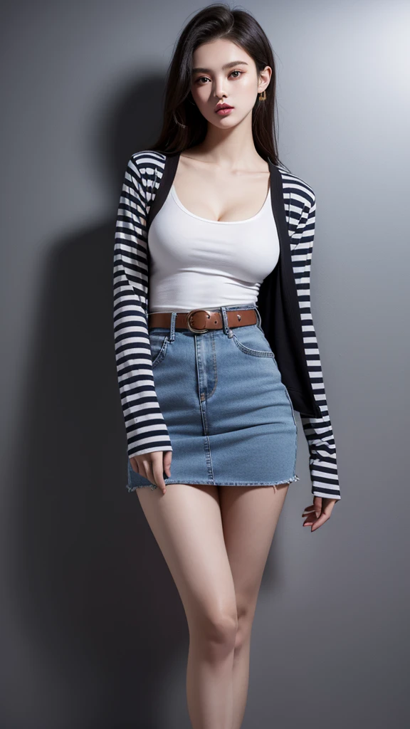 (masterpiece, best quality, beautiful and aesthetic:1.3), 1 Girl, Solitary，belt, black legwear, black shirt, breast pocket, cleavage, collarbone, denim, denim skirt, high-waist skirt, jewelry, long sleeves, pocket, shirt, shirt tucked in, skirt, striped, s...