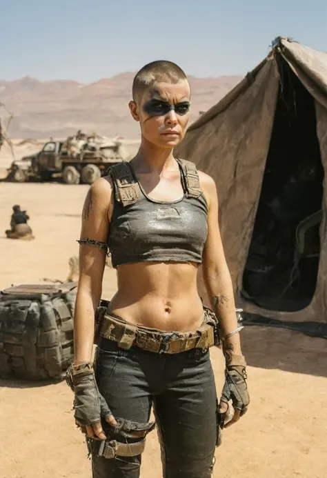 A pretty girl as Imperator Furiosa from the Mad Max Saga movie, survivors base camp at the background
