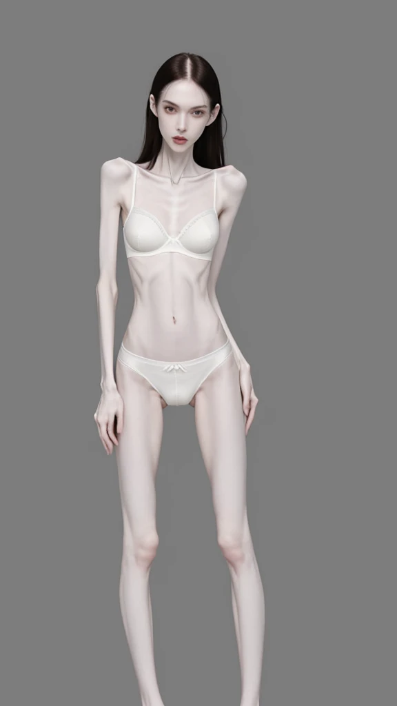 a woman, very thin body, body visible bones, very slender , sweaty weat body, pale white skin, panties, bra,tatto, full body