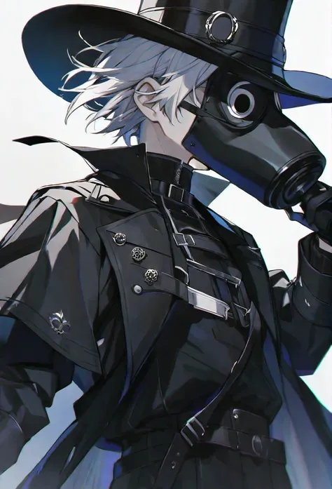 solo, handsome, 1 male, short hair, white color hair, white eyes, black coat, black plague doctor mask, black gloves, black top hat