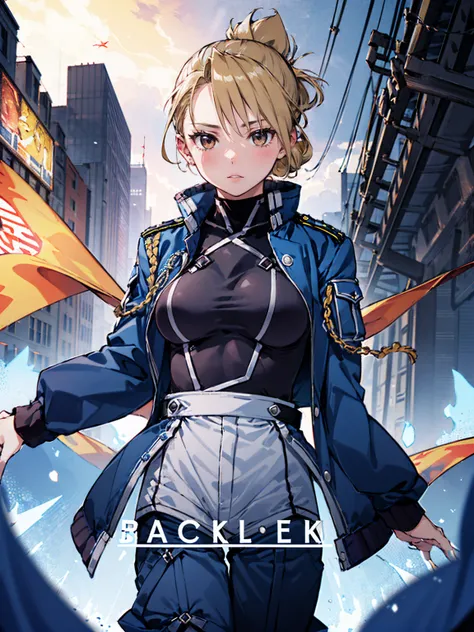 masterpiece, Highest quality, High resolution, One girl, (Blue jacketの下にBlack innerwearを着ている), Folded ponytail, Brown eyes, , (uniform, Blue jacket, Blue pants), ,Big Breasts, Black innerwear, (
